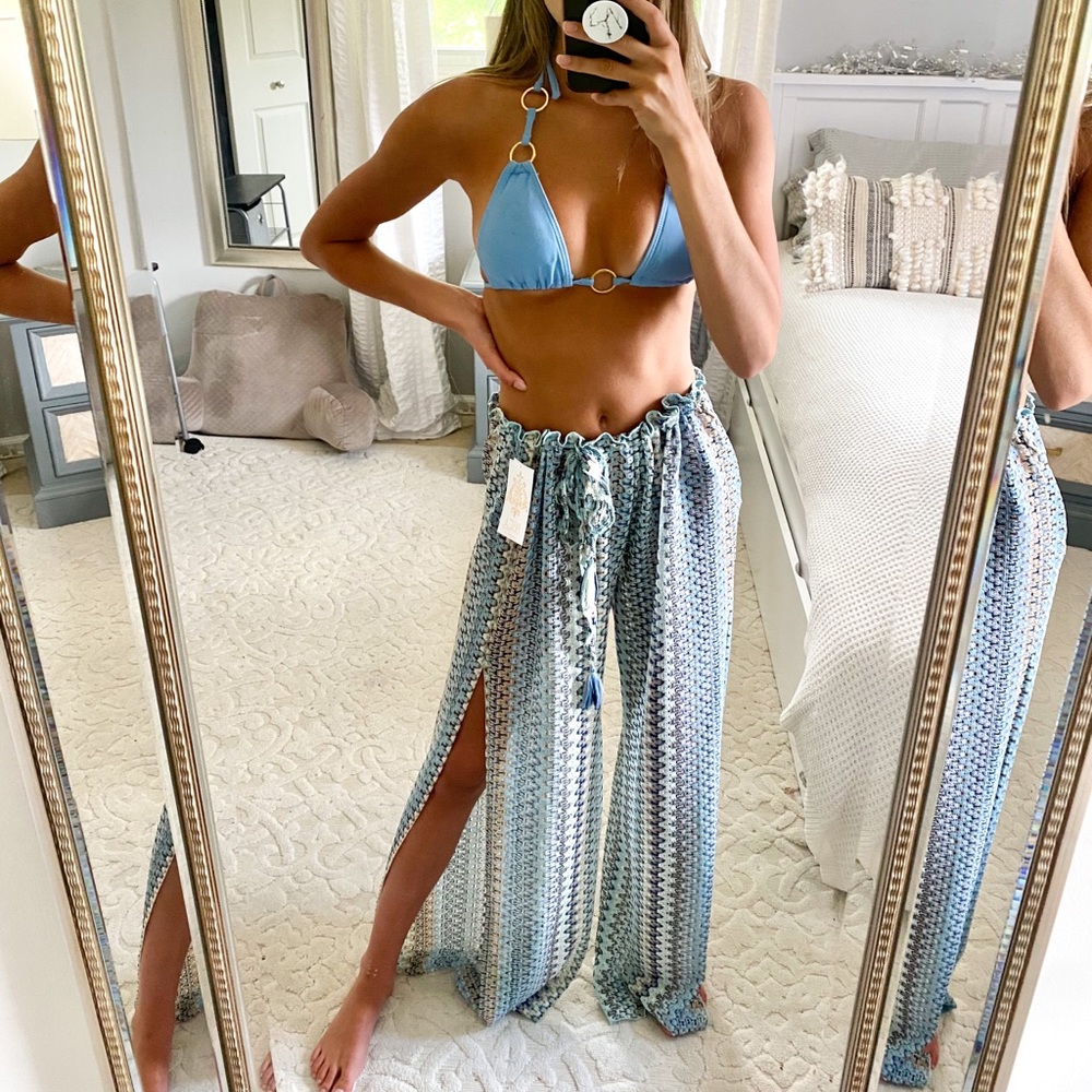 BECCA by Rebecca virtue crochet drawstring swim coverup wide leg slit pants